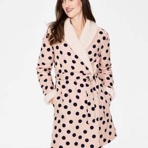 Boden Pink Black Polka Dot Sherpa Lined Bath Robe